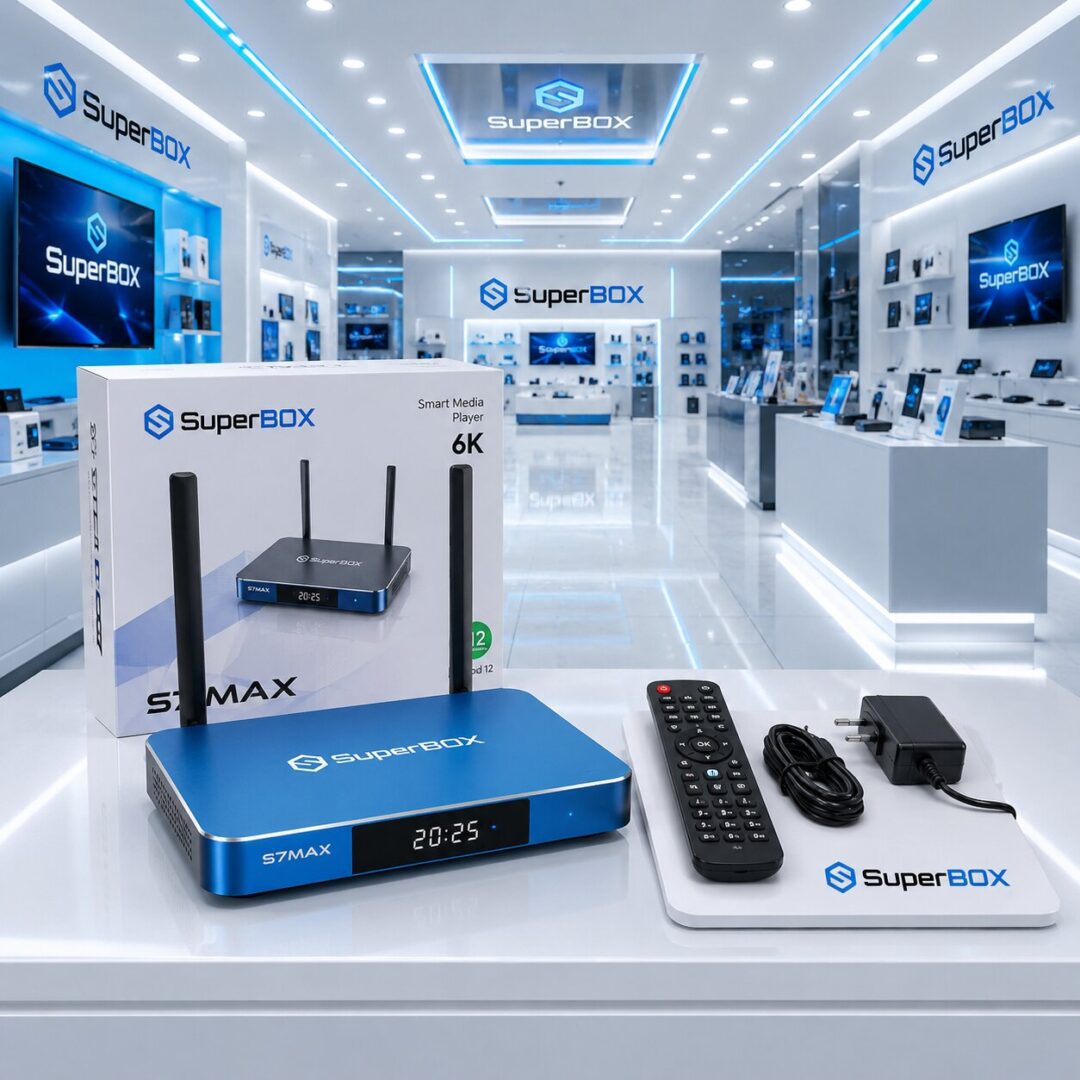 SuperBox S7 Max device next to product box